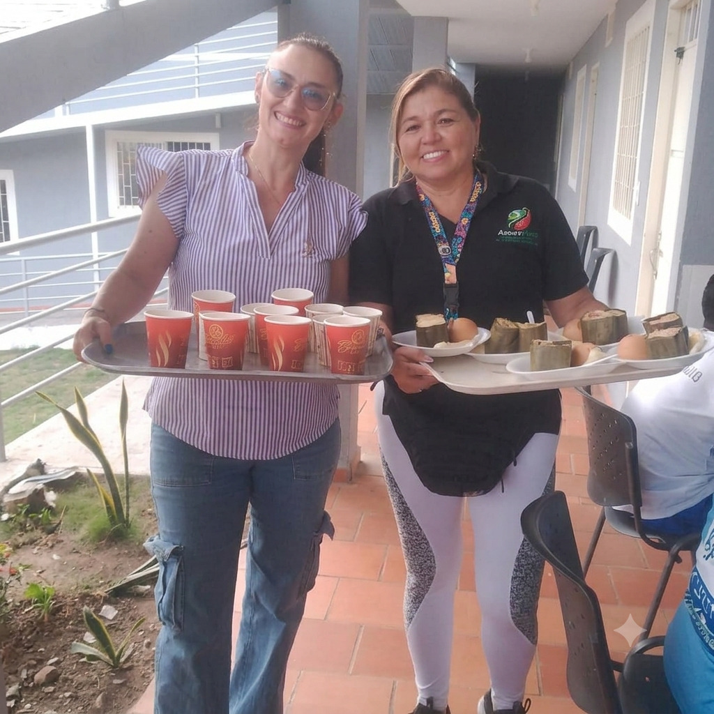 Voluntarias de FHAMN sonriendo mientras sirven alimentos
